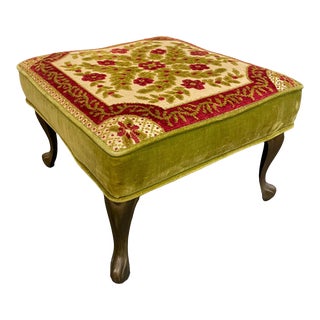 Vintage Upholstered Foot Stool With Brass Legs For Sale