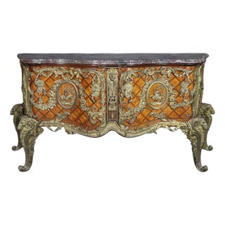 Monumental Grand Inlaid Bronze Mounted French Louis XV Style Marble Top Commode For Sale