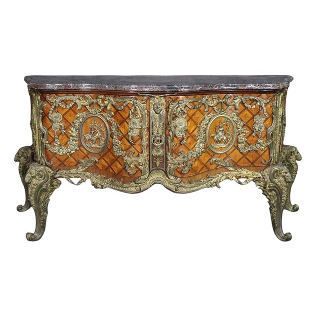 Monumental Grand Inlaid Bronze Mounted French Louis XV Style Marble Top Commode For Sale