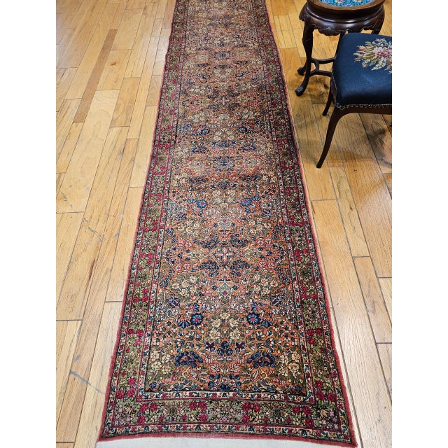 Terra Cotta 19th Century Persian Kerman Lavar Runner Rug, Hand-Knotted Wool, Allover Floral Design, Rust-Red & Green, 3x12 For Sale - Image 8 of 16