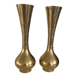 Vintage Pair of Etched Brass Bud Vases For Sale