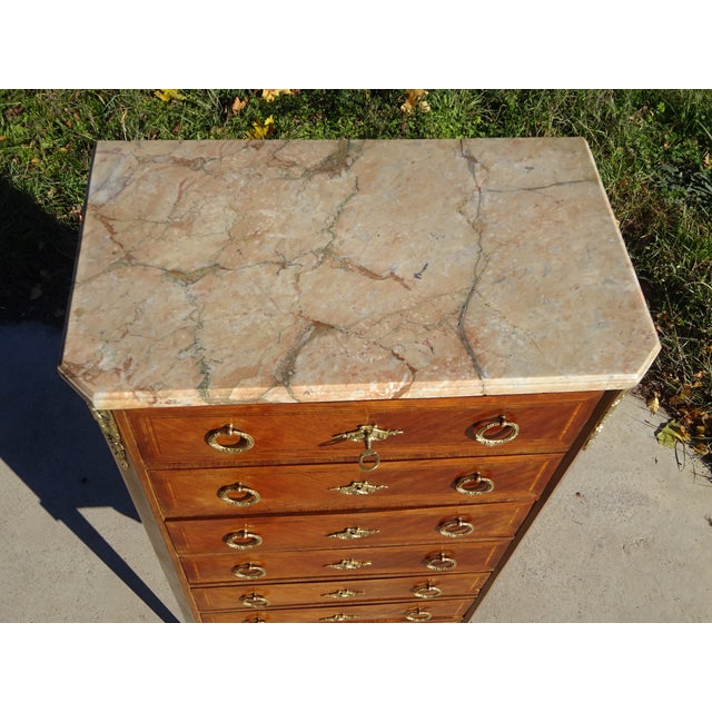 Louis XVI Marquetry Chest of Drawers in Wood with Bronze and Marble For Sale - Image 12 of 18