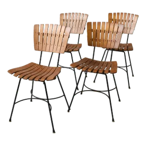 Vintage Rare Iteration Arthur Umanoff Slatted Wood + Black Wrought Iron Dining Chairs, Set of Four, Circa 1950s