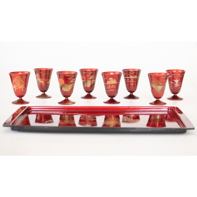 Ruby Red C. 1940s Showa Era Japanese Lacquered Sake and Bowls Sets in Original Cases For Sale - Image 8 of 18