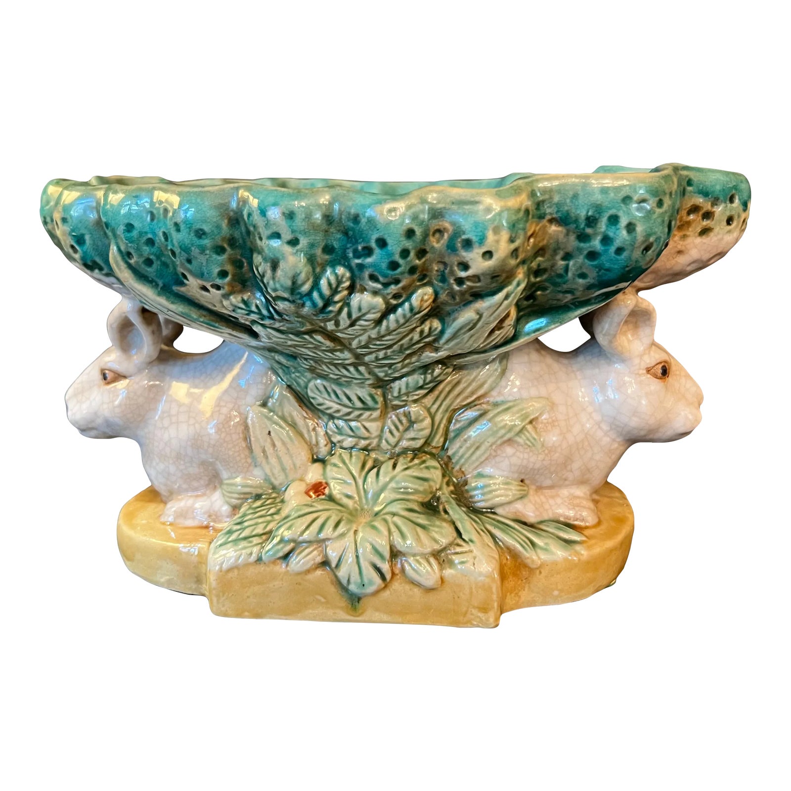 1960’s Majolica Twin Rabbit Compote Bowl, Centerpiece, or Planter ...
