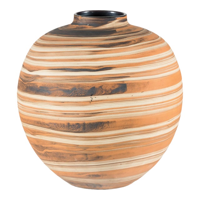 Artisan Hand-Thrown Ceramic Vase with Layered Earth-Tone Slip Decoration For Sale