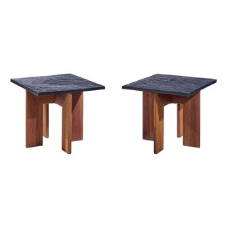 Adrian Pearsall for Craft Associates Mid Century Walnut and Slate Top Side Tables - Pair For Sale