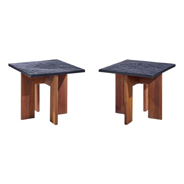 Adrian Pearsall for Craft Associates Mid Century Walnut and Slate Top Side Tables - Pair For Sale