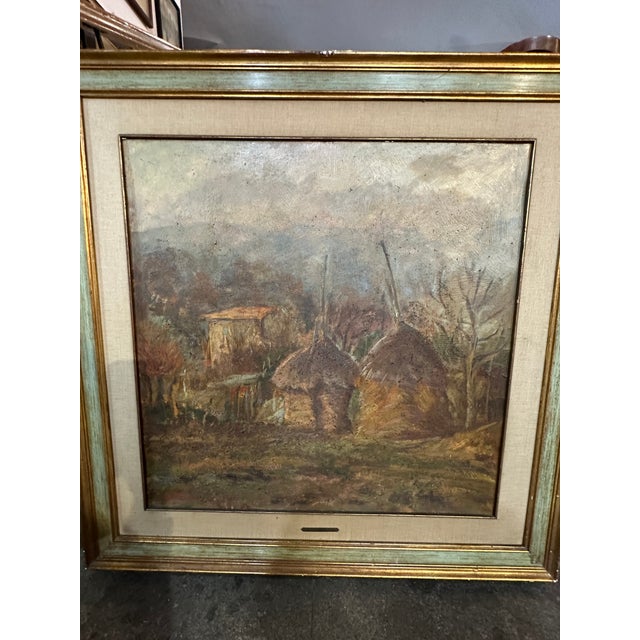 Large oil on cardboard depicting straw houses, green and gold wooden frame. This piece has an attribution mark, I am sure...