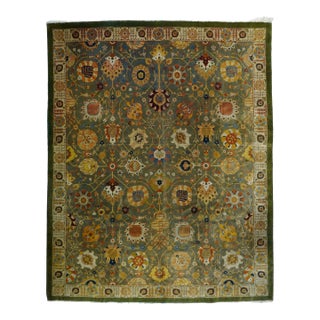 Antique Hand Knotted Green Tabriz Rug 9'7'' X 11'11'' For Sale