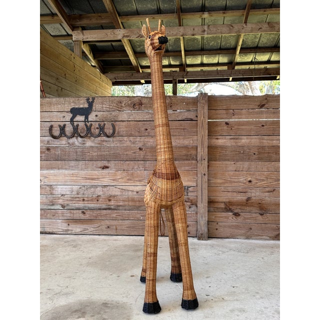 Late 20th Century Coastal Boho Life Sized Rattan Giraffe Planter Decorative Object For Sale - Image 4 of 11