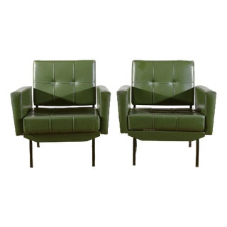 Green Leatherette Armchairs with Metal Frames and Foam Padding, 1970s, Set of 2 For Sale
