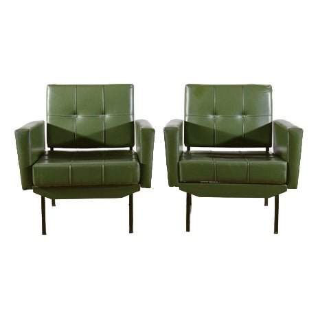 Green Leatherette Armchairs with Metal Frames and Foam Padding, 1970s, Set of 2 For Sale