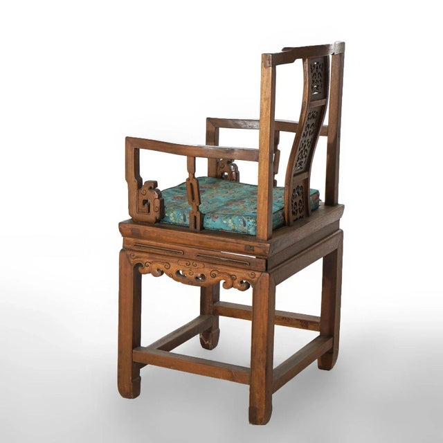 Pair of Chinese Carved Hardwood Throne Armchairs With Silk Cushions Mid-20th Century For Sale - Image 10 of 12
