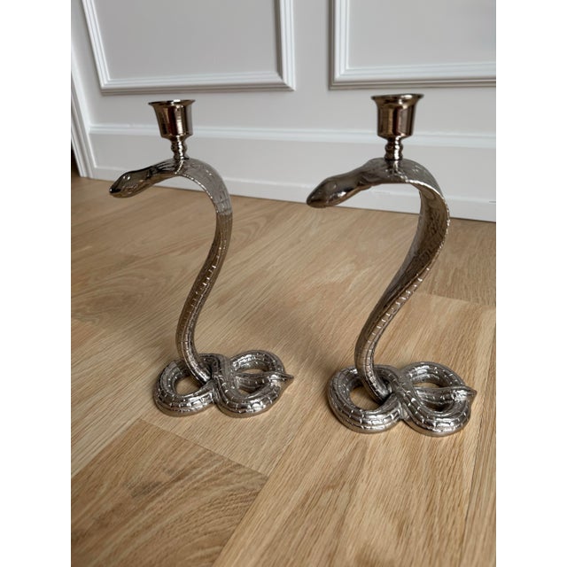 Silver 1930s Egyptian Revival Bronze Candlesticks/Taper Candle Holders, Newly Nickel Plated – Exquisitely Detailed Sculptural Pair For Sale - Image 8 of 11