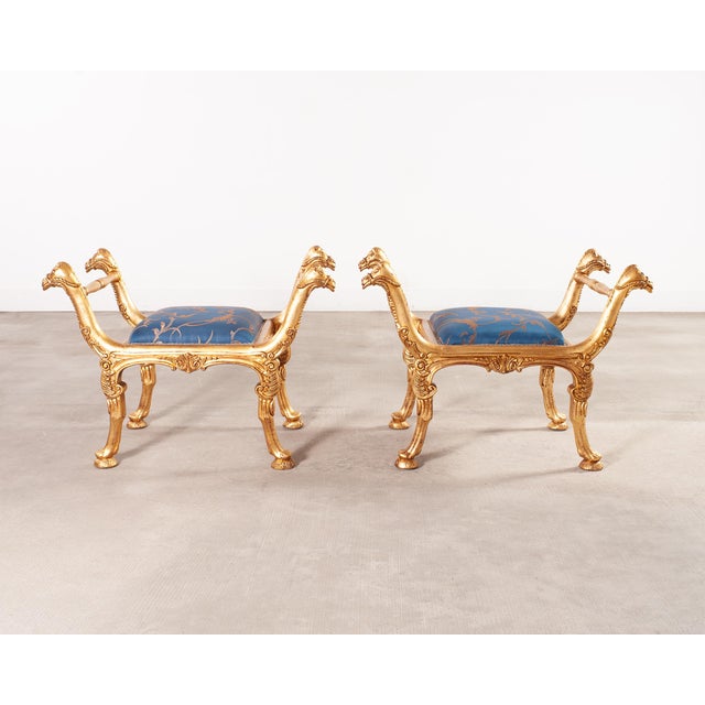Pair of Italian Neoclassical Giltwood Camel Stool Benches For Sale - Image 4 of 18