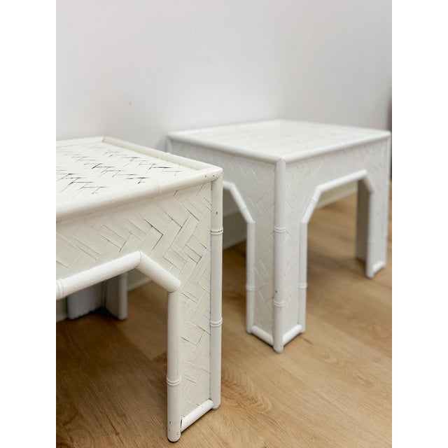Vintage Side Tables White Painted Parquet Faux Bamboo Regency Pair Accent Tables For Sale - Image 9 of 10