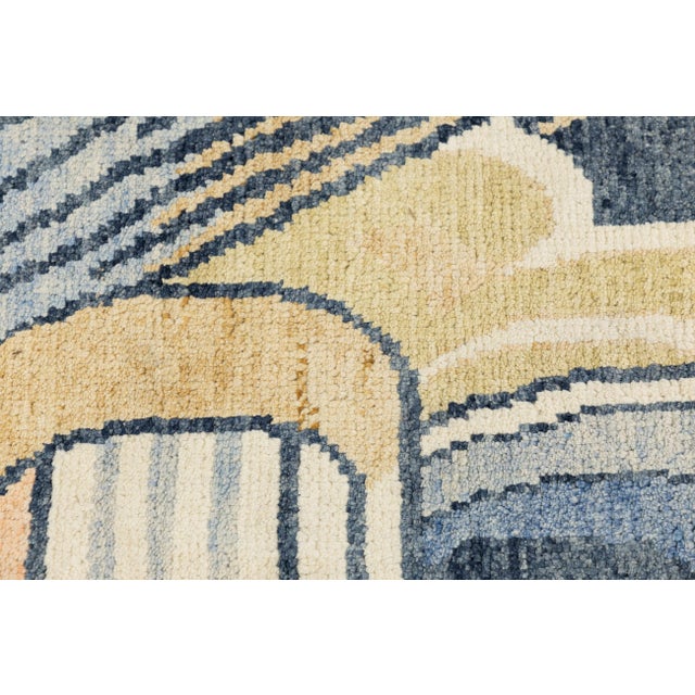 Art Deco Inspired Modern Portrait Rug – 5x9 Hand-Knotted Wool in Blue and Gold For Sale In New York - Image 6 of 9
