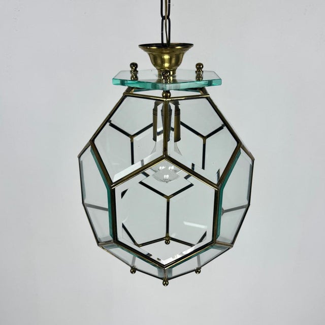Gold Italian Brass and Beveled Glass Pendant Light in the style of Adolf Loos, 1960s For Sale - Image 8 of 11