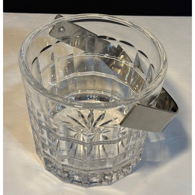 Vintage Slovenia Crystal Window Pane Pattern Ice Bucket Nickel Metal Handle For Sale - Image 4 of 11