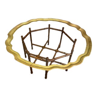 1960s Faux Bamboo Brass Tray Glass Cocktail Coffee Table For Sale