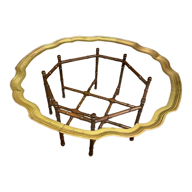 1960s Faux Bamboo Brass Tray Glass Cocktail Coffee Table For Sale