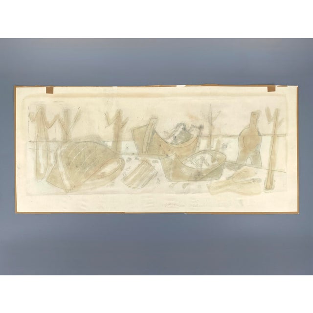 A painting * monotype and gouache painting * on paper * a landscape view "at the footbridge" * by ulrich knispel...