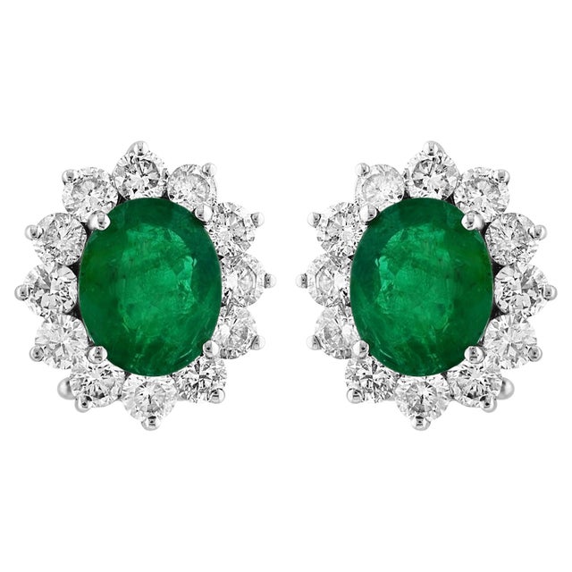 6 Ct Oval Shape Emerald & 3 Ct Diamond Post Back Earrings 14 Karat White Gold For Sale - Image 15 of 18
