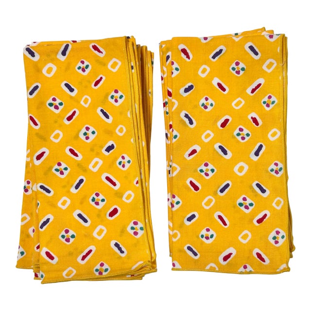 Vintage 1980s Yellow Geometric Cotton Napkins, Set of 12 For Sale