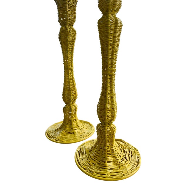 Pop Art Yellow Spun Wire Candlestick Holders - a Pair For Sale - Image 3 of 8