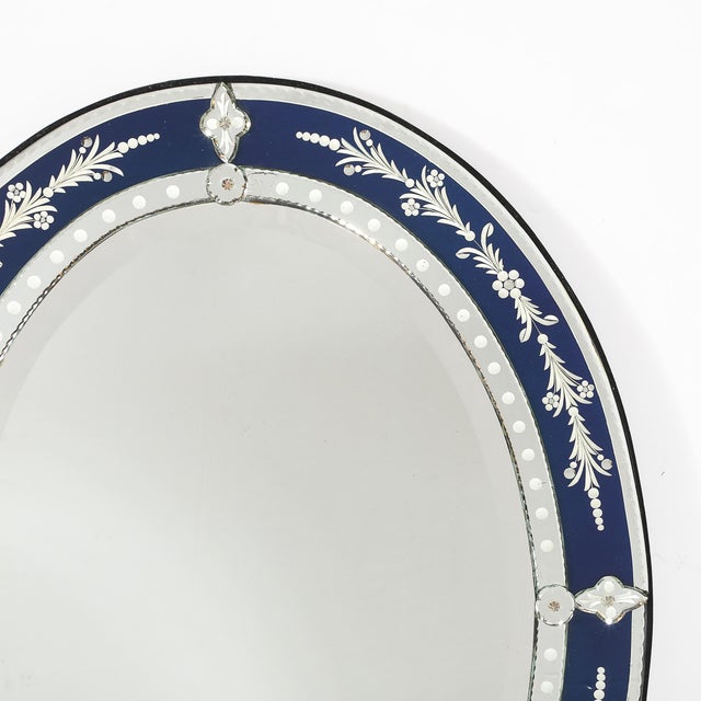Mid-Century Venetian Glass Reverse-Etched Oval Mirror W/ Sapphire Blue Border For Sale - Image 4 of 16