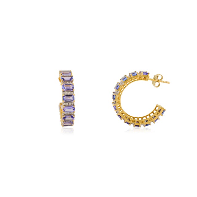 Art Deco Octagon Cut 6.61 Ct Tanzanite Cluster Diamond 14k Gold Hoop Earrings- A Pair For Sale - Image 3 of 9