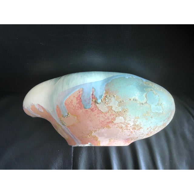 1970s Large Studio Bowl in Hues of Cream, Turquise Blue & Coral Watercolor For Sale - Image 4 of 6