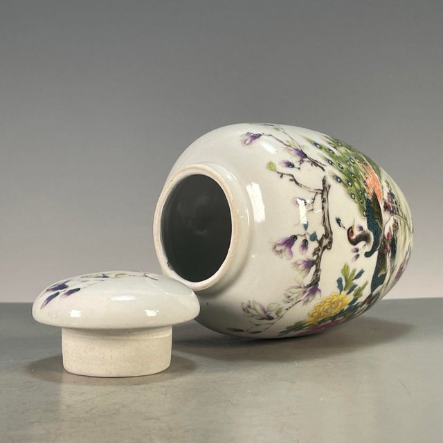 Vintage Famille Rose Porcelain Tea Jar With Lid – Peacock, Peony & Magnolia Motif For Sale - Image 9 of 9