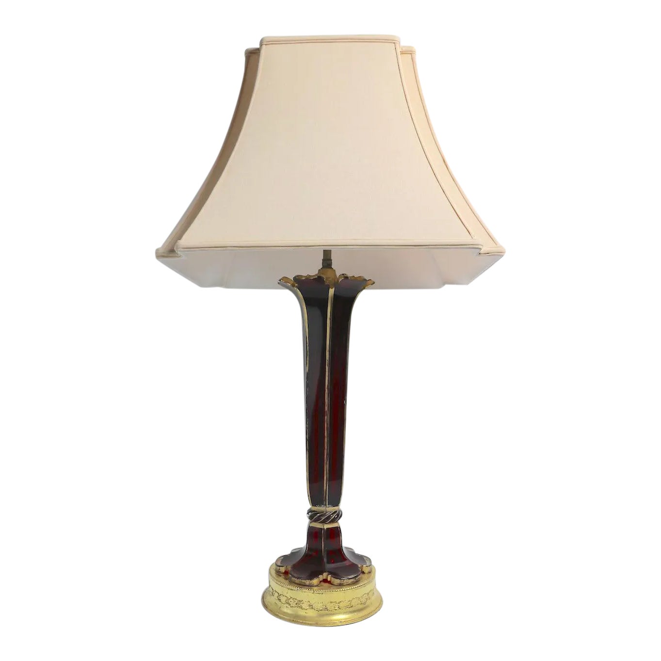 Ruby Glass Trumpet Form Lamp With Gold Highlight Trim | Chairish