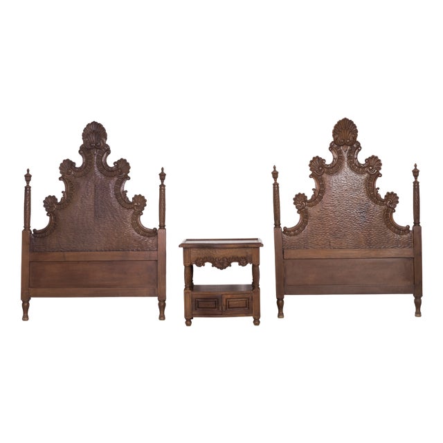 Carved Dark Wood Single Headboards with Nightstand by Muebles Almazán, Spain, 1960s, Set of 3 For Sale