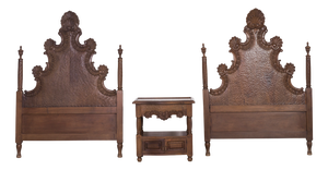 Carved Dark Wood Single Headboards with Nightstand by Muebles Almazán, Spain, 1960s, Set of 3