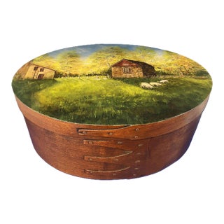 1980's Oval Bentwood Shaker Box, Folk Art Rural Scene, Artist Signed Inez, 11" For Sale