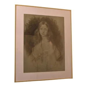 Portrait of Young Girl in Charcoal and White Chalk on Blue Paper, 19th Century, Framed