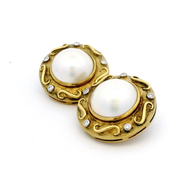 Italian 18k Gold Mabe Pearl & Diamond Earrings, Circa 1980, Pair For Sale - Image 9 of 13