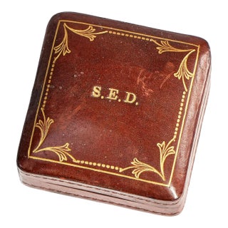 Lovely Small Mid Century Vintage Square Gold Gilt Hand Tooled Leather Jewelry Storage Presentation Box For Sale