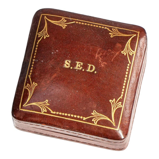 Lovely Small Mid Century Vintage Square Gold Gilt Hand Tooled Leather Jewelry Storage Presentation Box For Sale