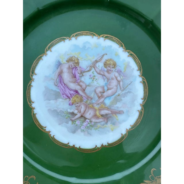 Vintage Set of 8 French Hand Painted Cherubs Gold Gilt Green porcelain Dinner Plates. Rare find, Vintage Couleuvre Ligne...