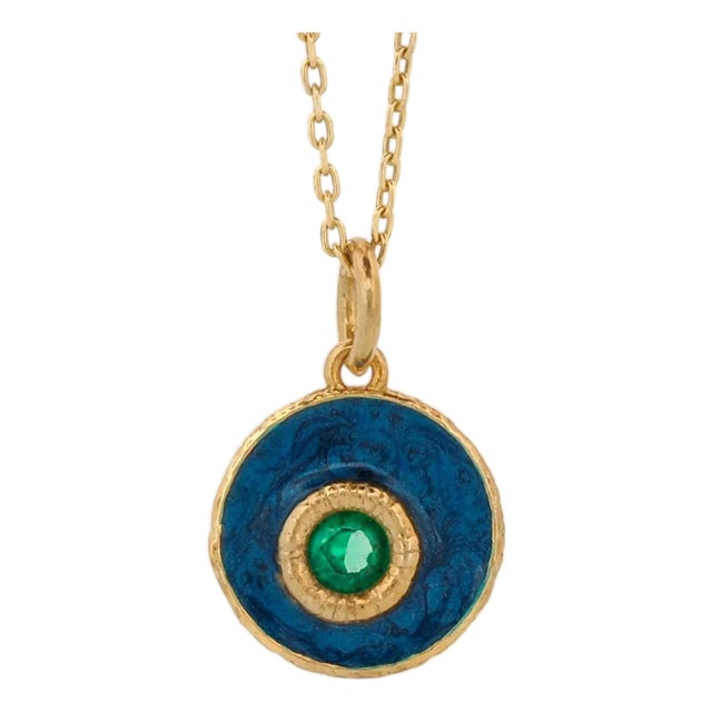 Blue Enamel Jade Stone Evil Eye Pendant Gold Chain Necklace For Sale