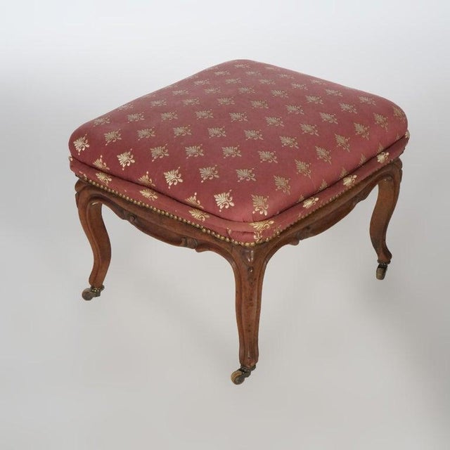 1920s Antique French Style Carved Walnut & Upholstered Foot Stool, C1920 For Sale - Image 5 of 10