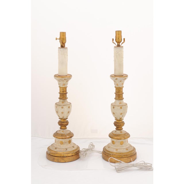1940s Large Italian Gilt & Hand-Painted Candlestick Lamps For Sale - Image 10 of 12