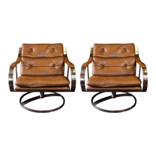 1970s Leather and Stainless Steel Swivel Chairs by Gardner and Leaver for Steelcase - Set of 2 For Sale