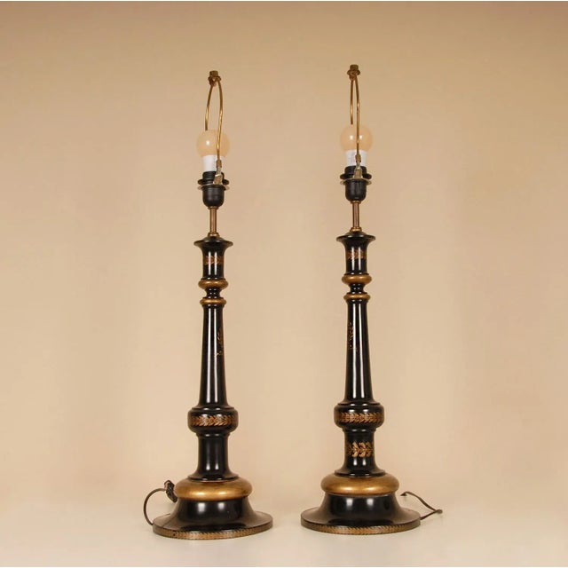 Wood Vintage English Table Lamps Gold Ebonised Black Column Lamps - A Pair For Sale - Image 7 of 9