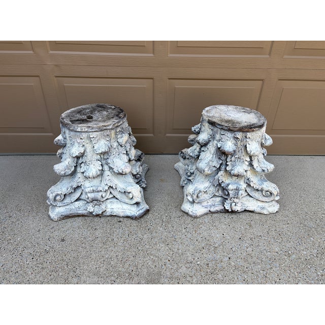 French Country Late 20th Century Pair of Weathered Cast Concrete Corinthian Capital Garden Stands For Sale - Image 3 of 14