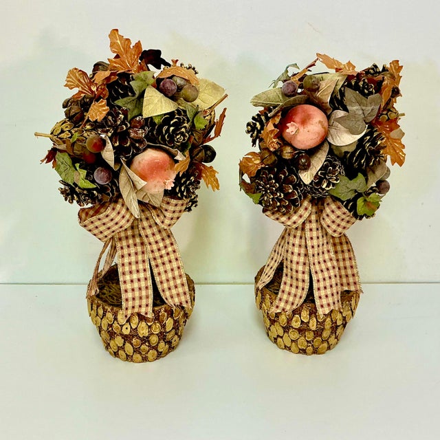 1980s Vintage Rustic Arts & Crafts Boho Chic Fall Mantel Centerpiece Topiaries - A Pair, Thanksgiving. For Sale - Image 4 of 16